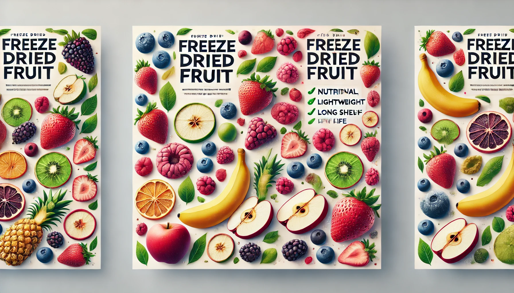 An assortment of vibrant freeze dried fruits including strawberries, apples, and blueberries, arranged on a clean surface showcasing their bright colors and crunchy texture.