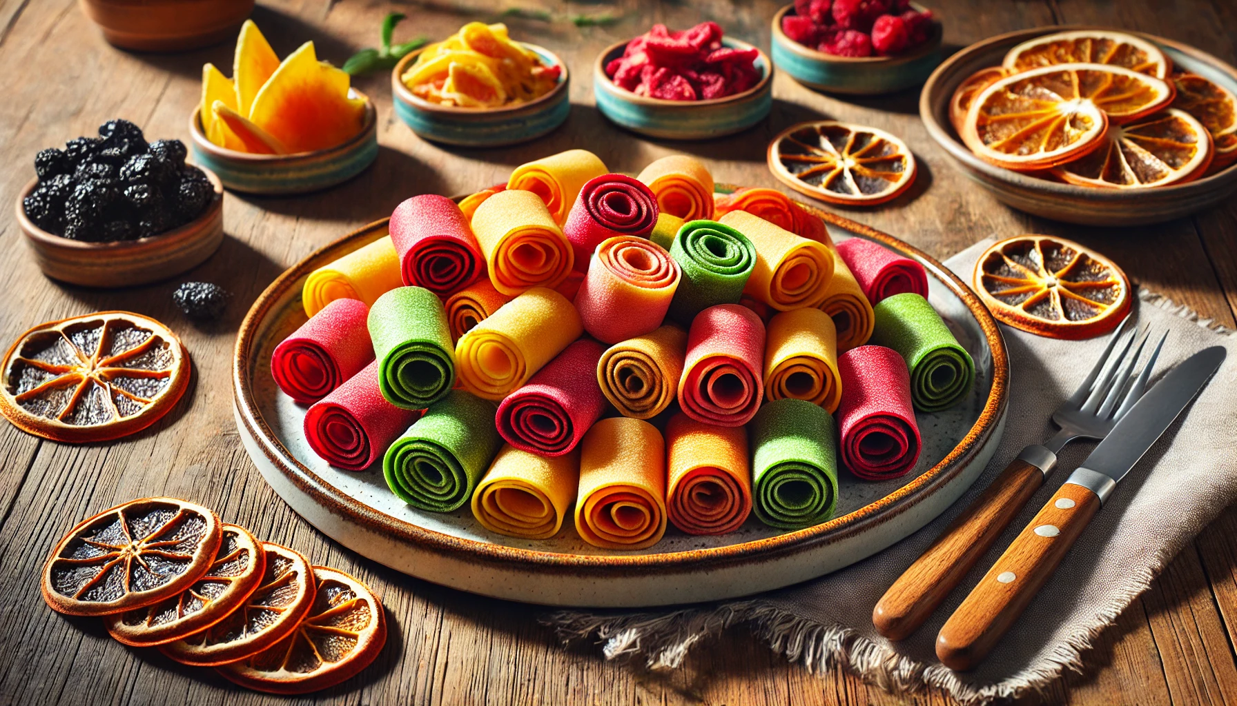 A vibrant plate of colorful freeze dried fruit roll ups, neatly rolled and ready to eat.